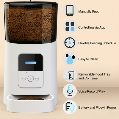 White pet food dispenser with features listed on a beige background