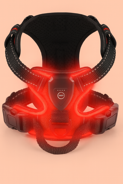 Red dog harness with red LED lights on a beige background