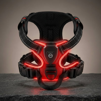 Red dog harness with red LED lights on a beige background