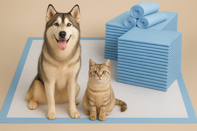 Dog and cat sitting on a stack of blue pet pads with a beige background