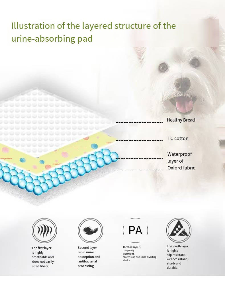 Illustration of a layered urine-absorbing pad with a dog in the background