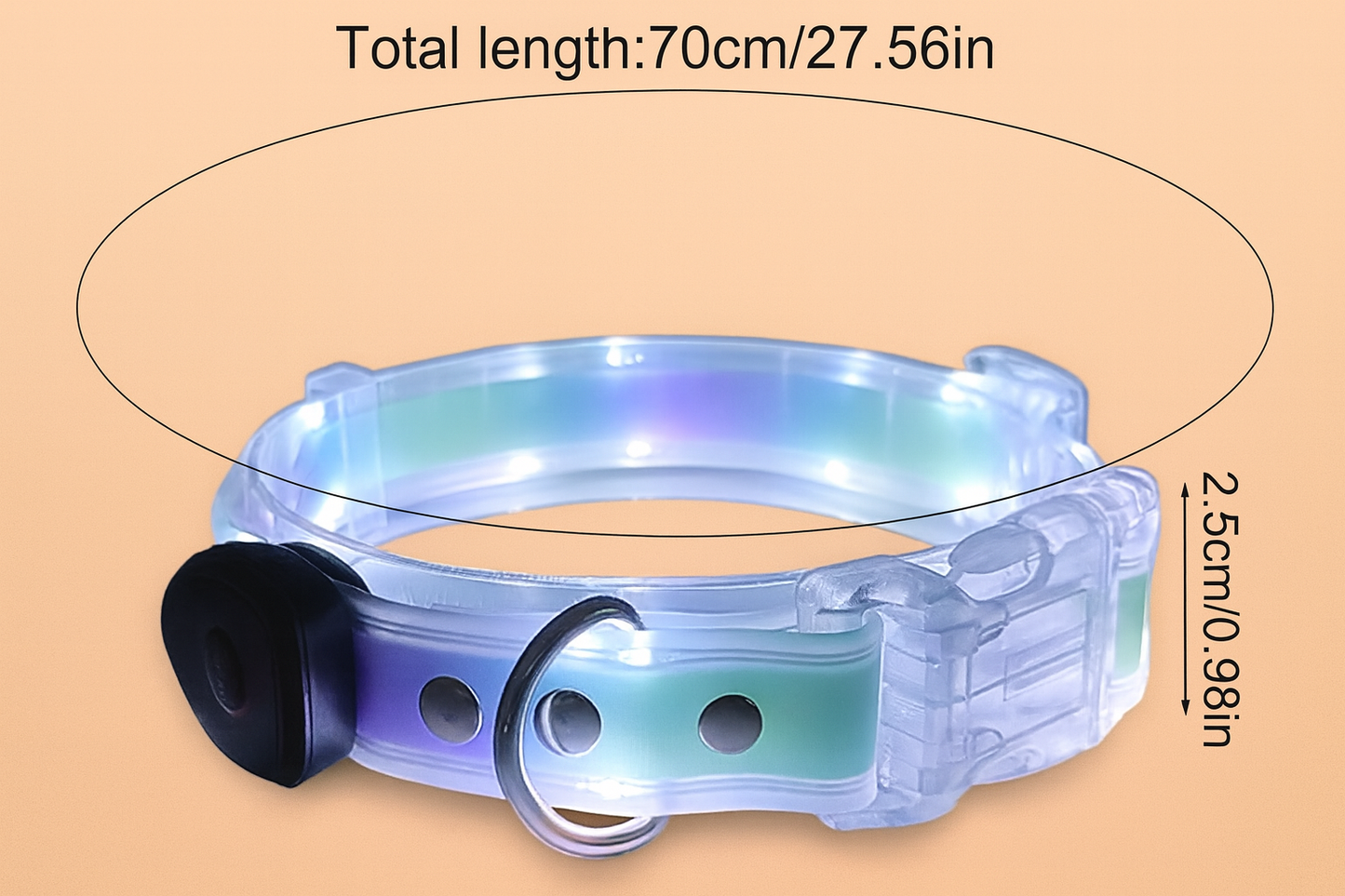 PetNex Purple-Green LED dog collar with measurements on a beige background