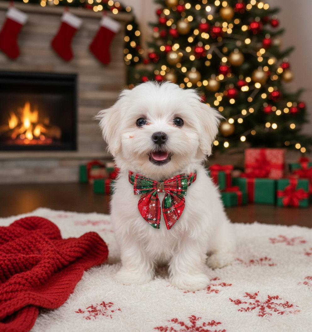 Small white dog wearing a red and green bow tie collar in front of a Christmas tree and fireplace.