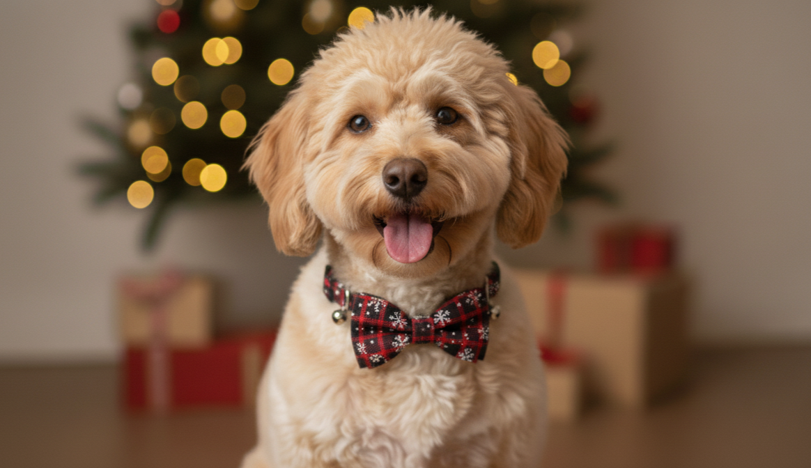 Dog wearing a bow tie in front of a decorated Christmas tree with lights and presents.