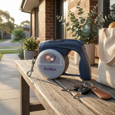 PetNex retractable dog leash with LED flashlight and storage compartments blue color kept on a table