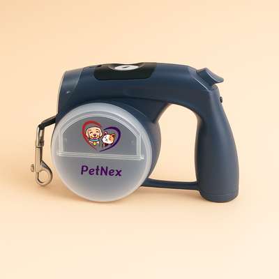 PetNex retractable dog leash with LED flashlight and storage compartments blue color showcase