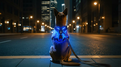 Dog wearing a PetNex LED Light-Up Dog Harness on a night walk in Australia