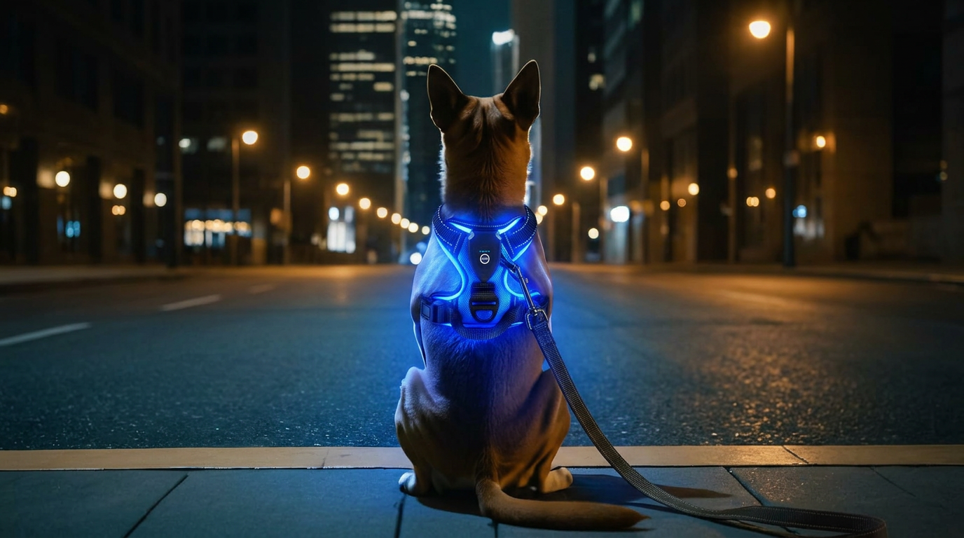 Dog wearing a PetNex LED Light-Up Dog Harness on a night walk in Australia