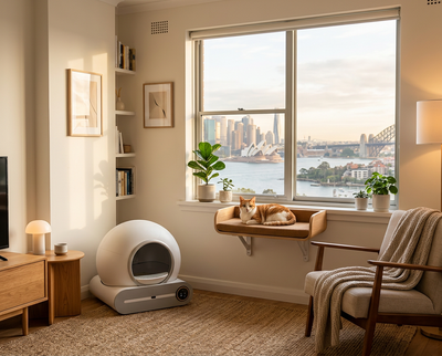 Stylish small Sydney apartment with a cat on a window perch and PetNex self-cleaning litter box in the corner — best pet products for Sydney apartments | petnex.com.au