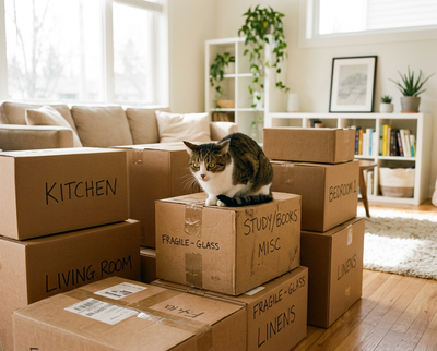 Stressed cat sitting among moving boxes in a bright living room — how to help your cat adjust after moving house | PetNex Australia