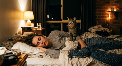 Cat sitting on a sleeping woman's chest at 3am — why cats wake their owners at night and how to stop it | PetNex Australia