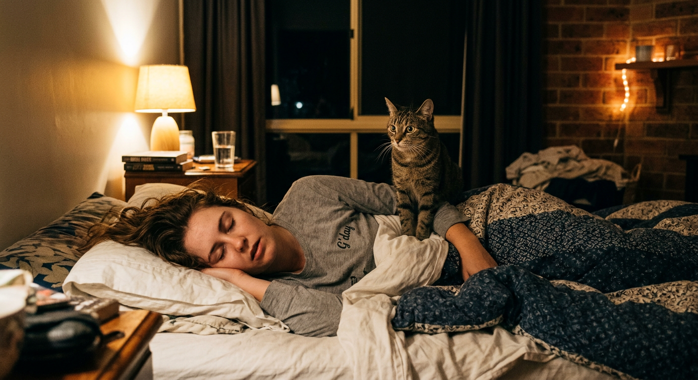 Cat sitting on a sleeping woman's chest at 3am — why cats wake their owners at night and how to stop it | PetNex Australia