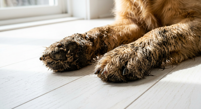 Muddy golden retriever paws on a clean white floor — is a dog paw cleaner worth it — PetNex Australia