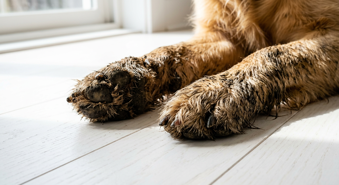 Muddy golden retriever paws on a clean white floor — is a dog paw cleaner worth it — PetNex Australia