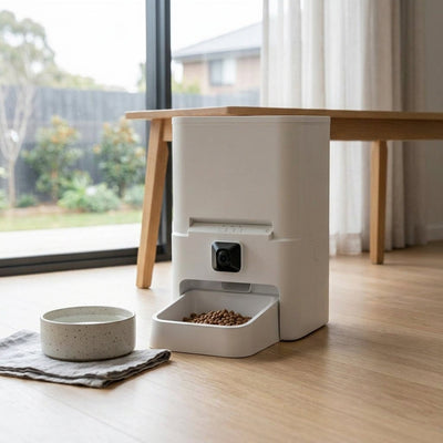 PetNex 6L Smart Automatic Pet Feeder with Camera & App Control for cats and dogs on the living room floor with a water bowl beside