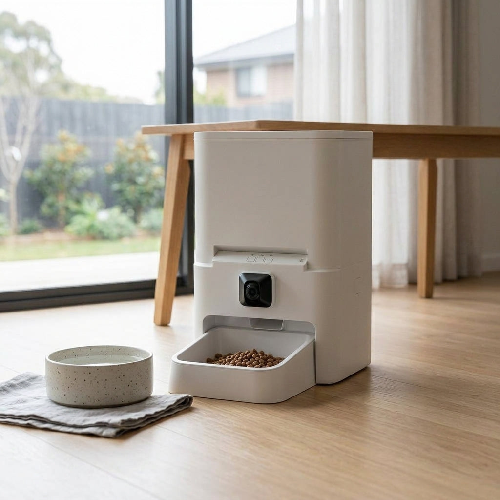PetNex 6L Smart Automatic Pet Feeder with Camera & App Control for cats and dogs on the living room floor with a water bowl beside