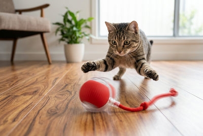 Playful indoor cat engaging with a PetNex automatic rolling ball toy in a modern Australian home