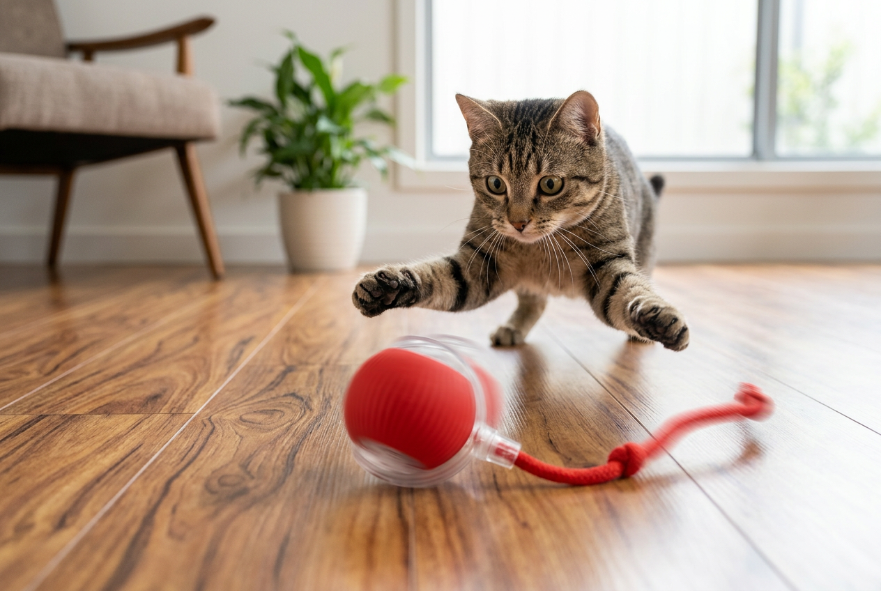 Playful indoor cat engaging with a PetNex automatic rolling ball toy in a modern Australian home