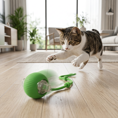 Playful cat pouncing on a PetNex automatic rolling ball toy on a timber floor — automatic cat toys for indoor enrichment | petnex.com.au