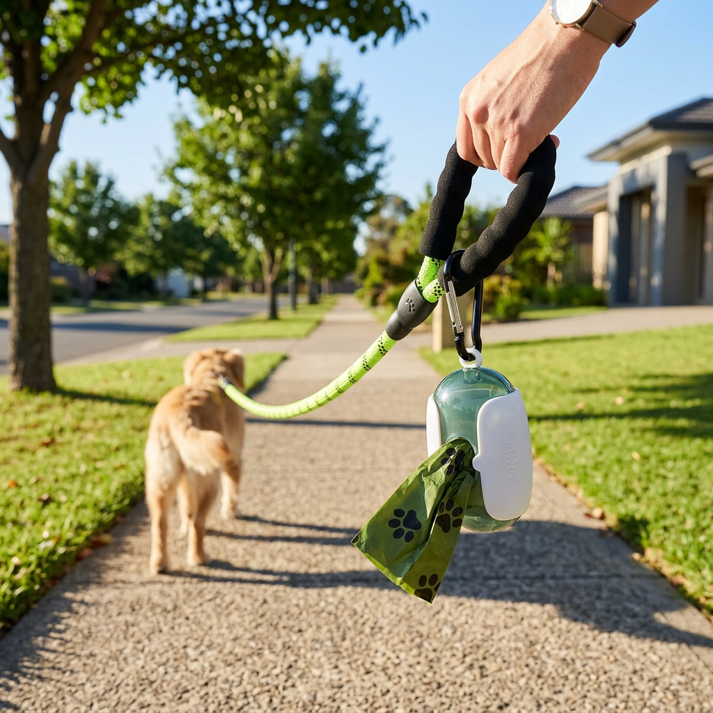 PetNex biodegradable dog bags in a roll dispenser attached to a lead on a sunny suburban footpath | petnex.com.au