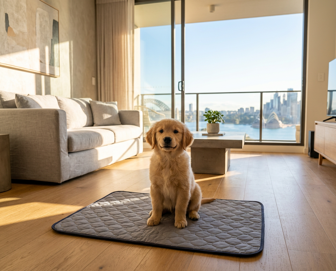 Small golden puppy sitting on a PetNex reusable training pad in a bright Sydney apartment — apartment puppy toilet training | petnex.com.au