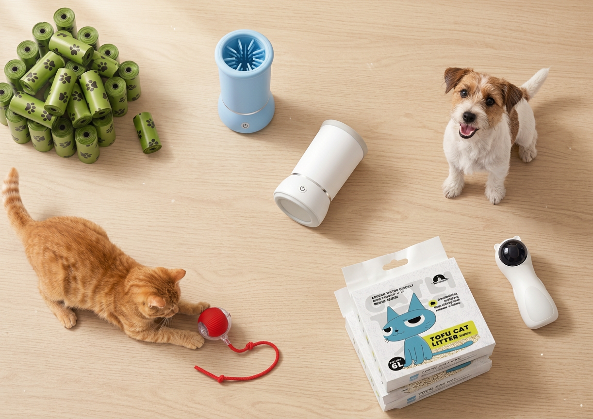 Automatic Paw Cleaner, Biodegradable Poop Bag, Laser Cat Toy and Tofu Cat Litter laid out on the floor with a dog and cat playing with automatic rolling ball