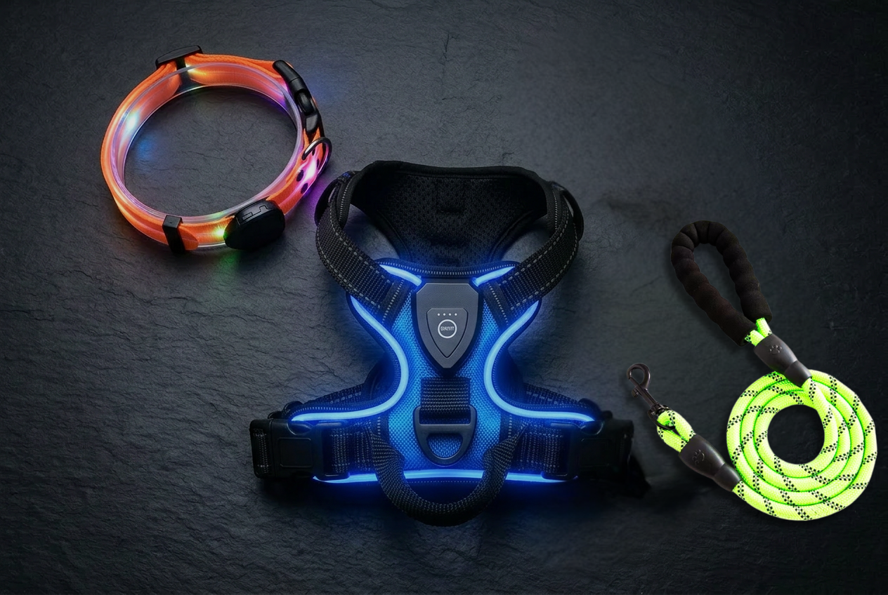 PetNex light-up dog collar, harness and reflective leash all kept together on a flat surface, glowing in the dark