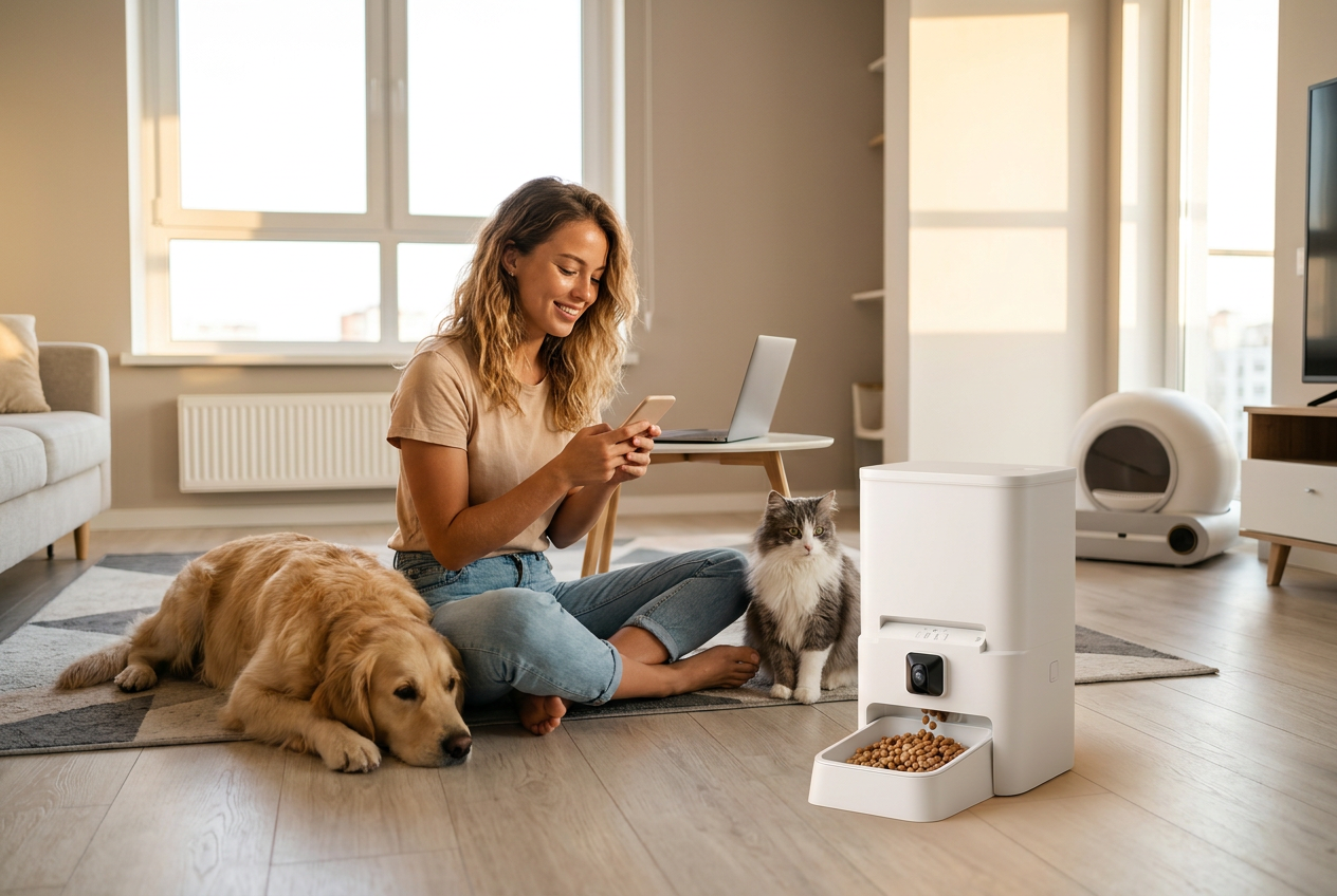 Busy Australian pet owner with dog and cat alongside PetNex smart pet products including automatic feeder and self-cleaning litter box