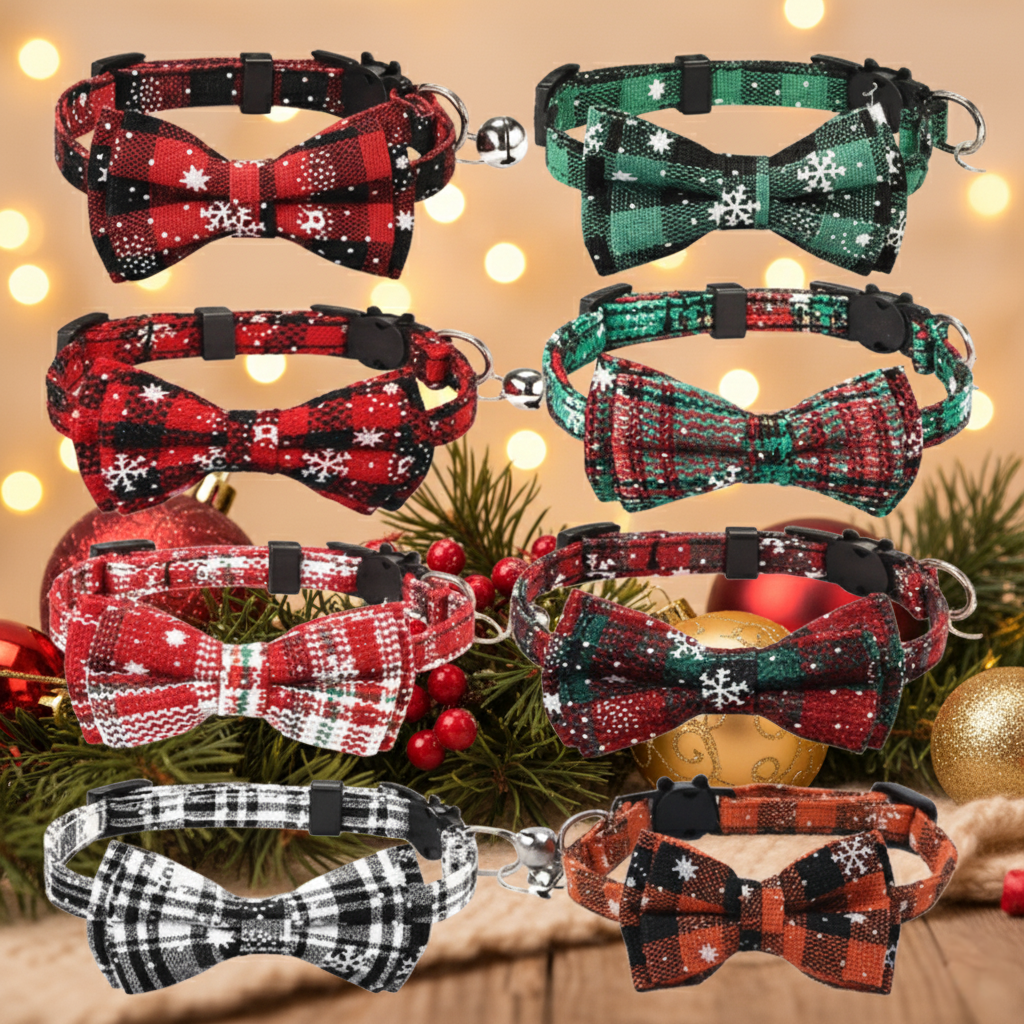 Set of festive dog collars with bow ties on a Christmas-themed background