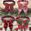 Four festive dog collars with plaid bows on a Christmas-themed background.
