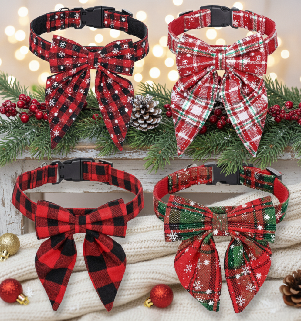 Four festive dog collars with plaid bows on a Christmas-themed background.