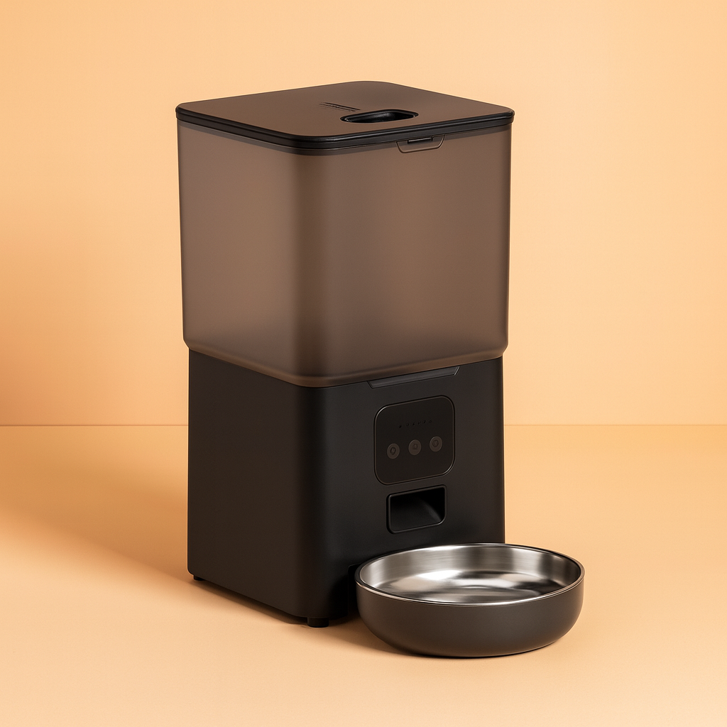 Black pet feeder with a metal bowl on a beige background