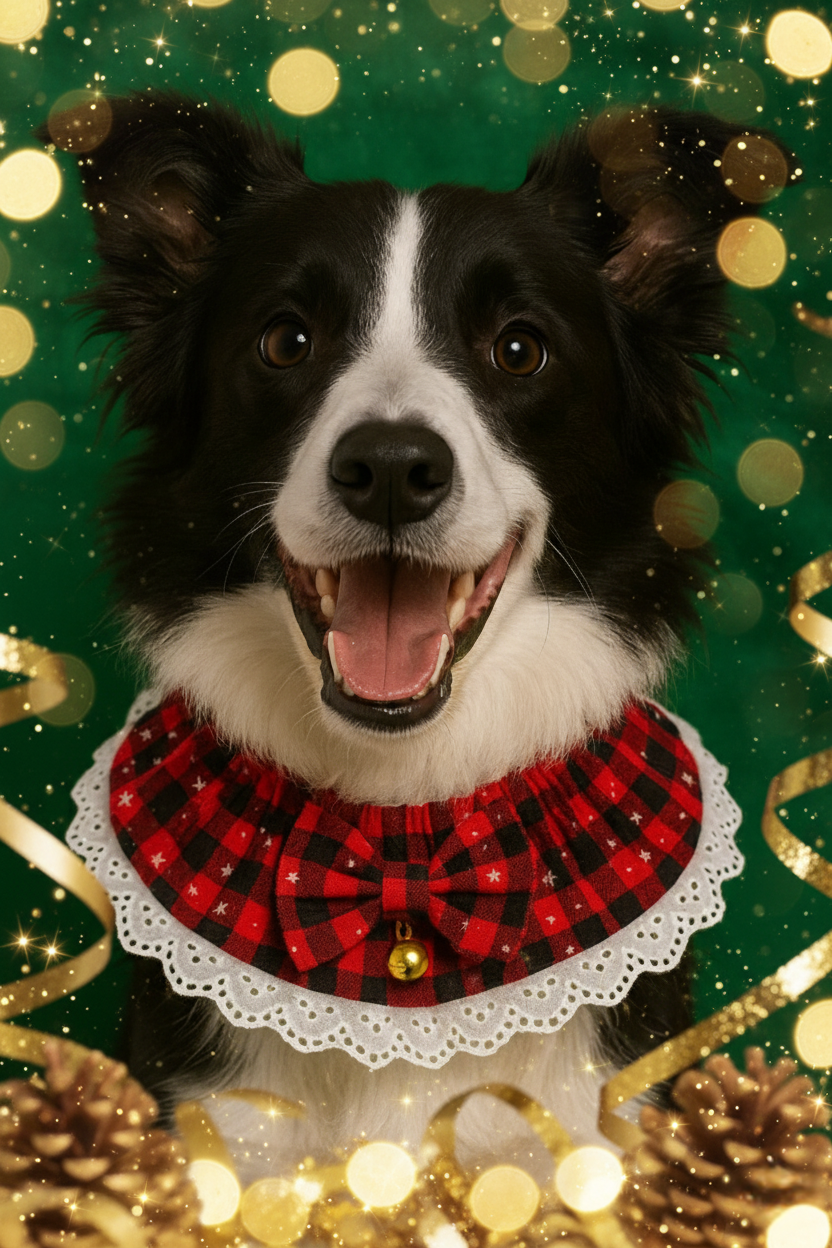Dog wearing a red plaid bow tie with a festive green background