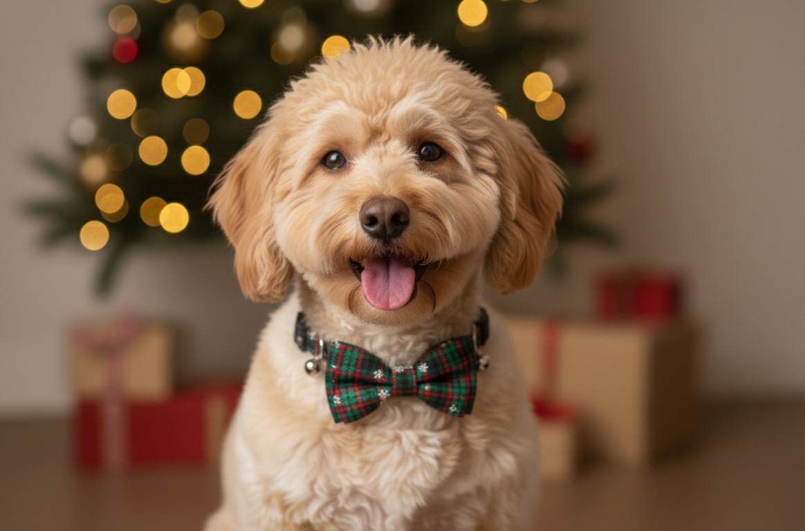 Dog wearing a plaid bow tie in front of a Christmas tree with lights and presents.
