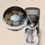 Pet food dispenser with clog-free design and anti-clog detector on a beige background