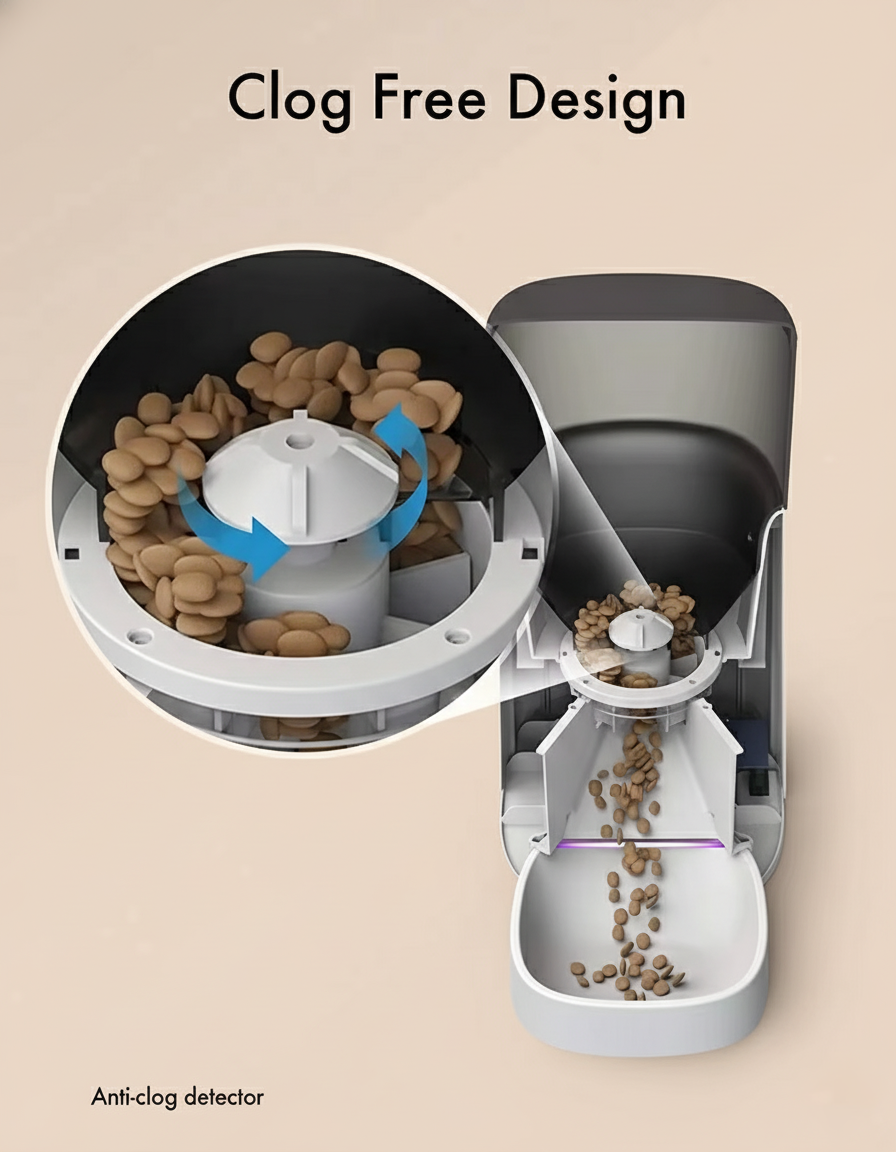 Pet food dispenser with clog-free design and anti-clog detector on a beige background