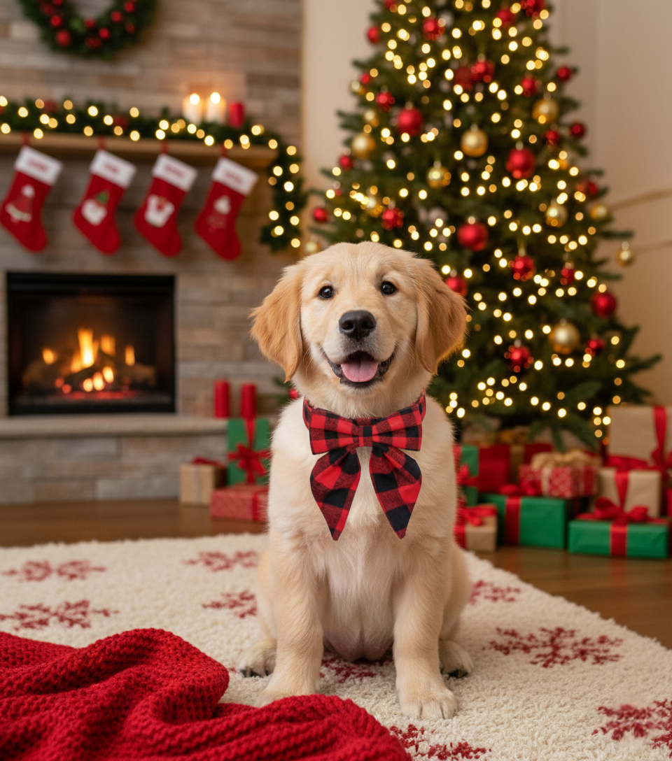 Dog wearing a plaid bow tie collar in a festive room with Christmas tree and stockings.