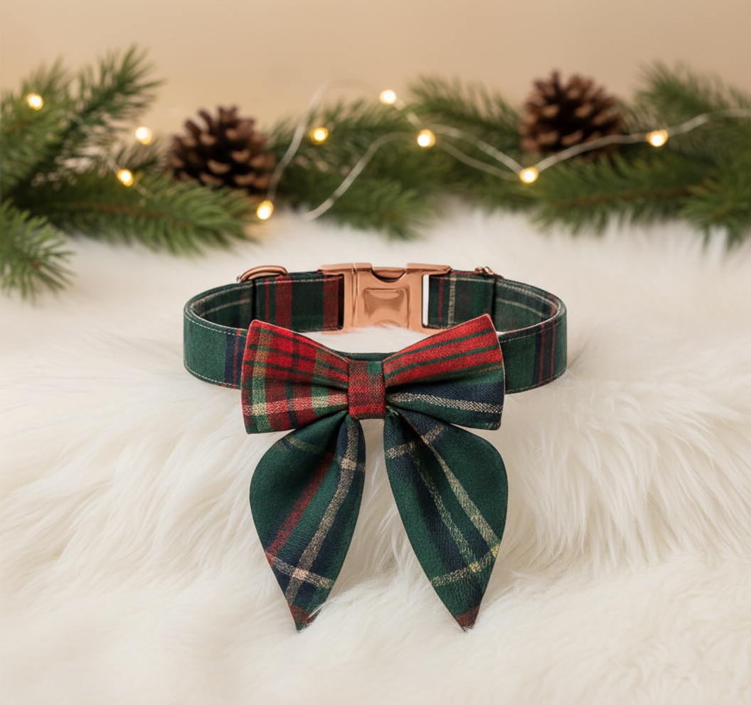 Green plaid dog collar with bow tie on a white surface with Christmas decorations in the background