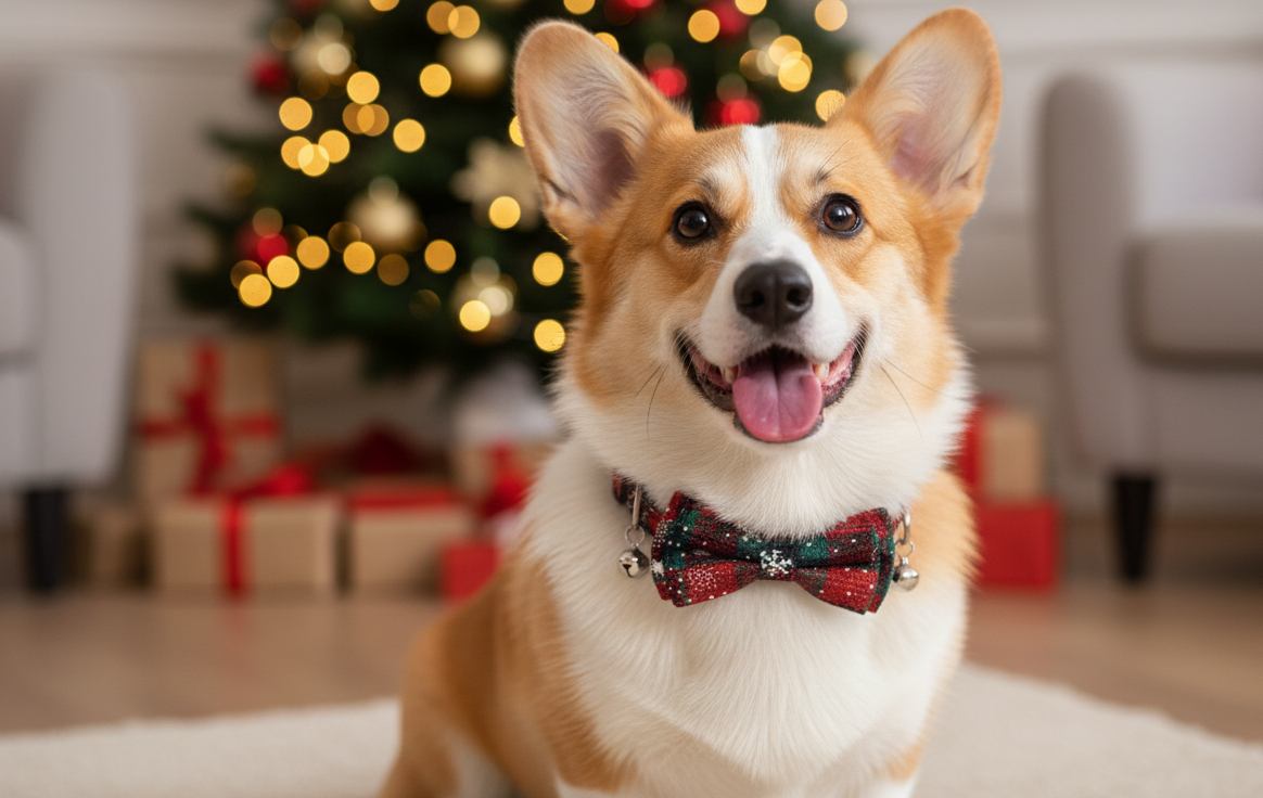 Corgi dog wearing a festive bow tie in front of a decorated Christmas tree.