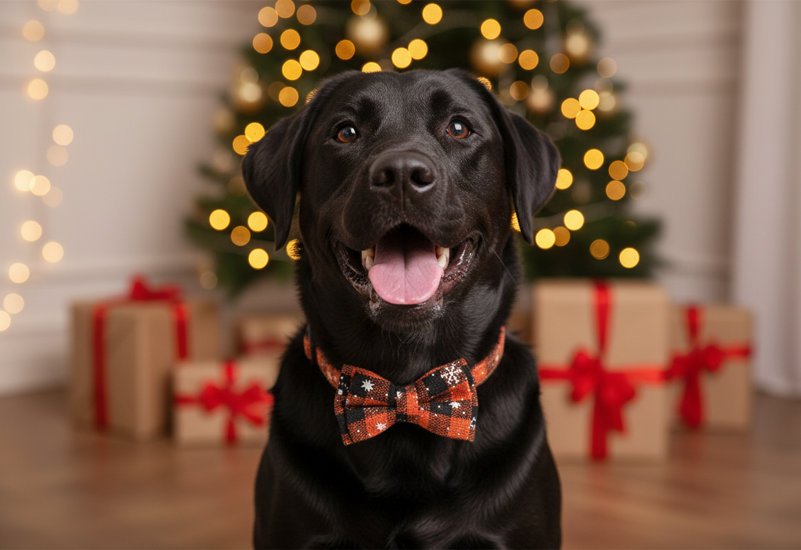 Black dog wearing a bow tie in front of a Christmas tree and presents.