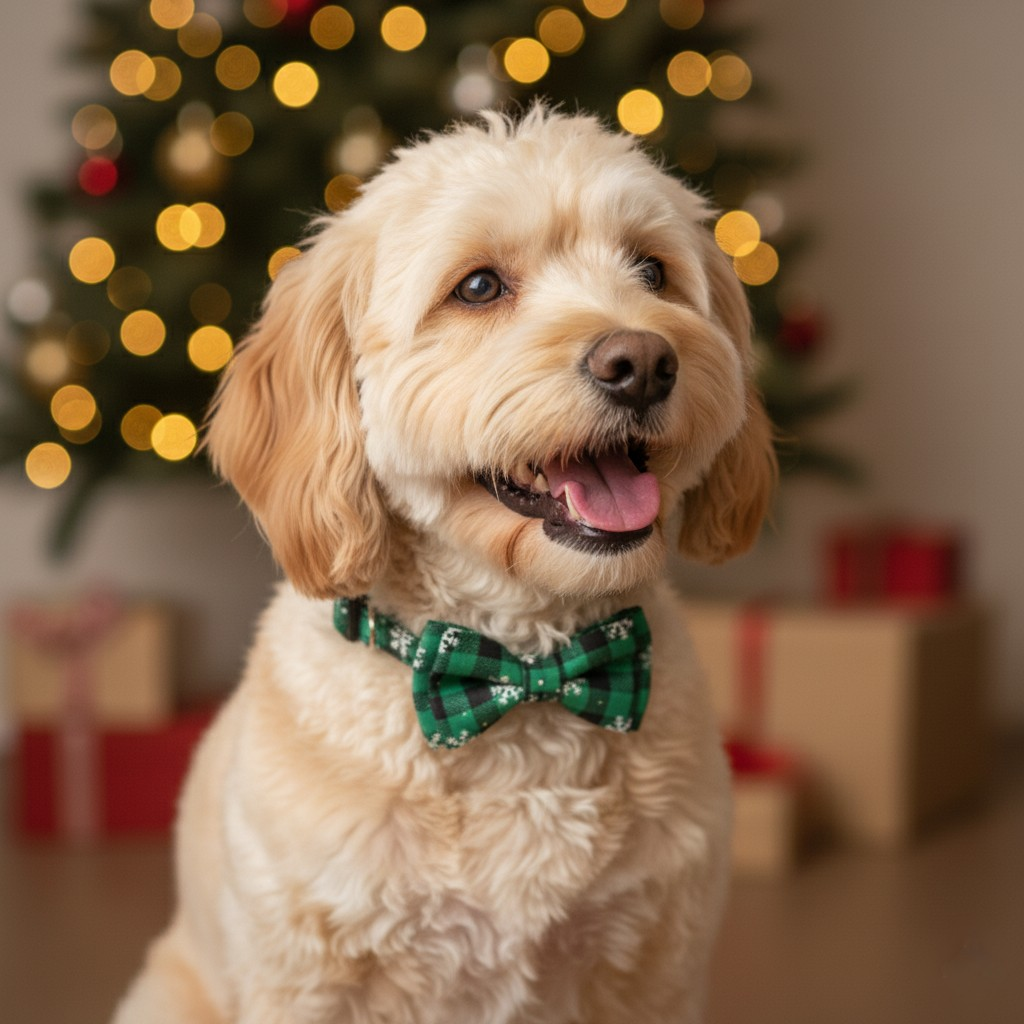 Dog wearing a green bow tie in front of a decorated Christmas tree with lights and presents.