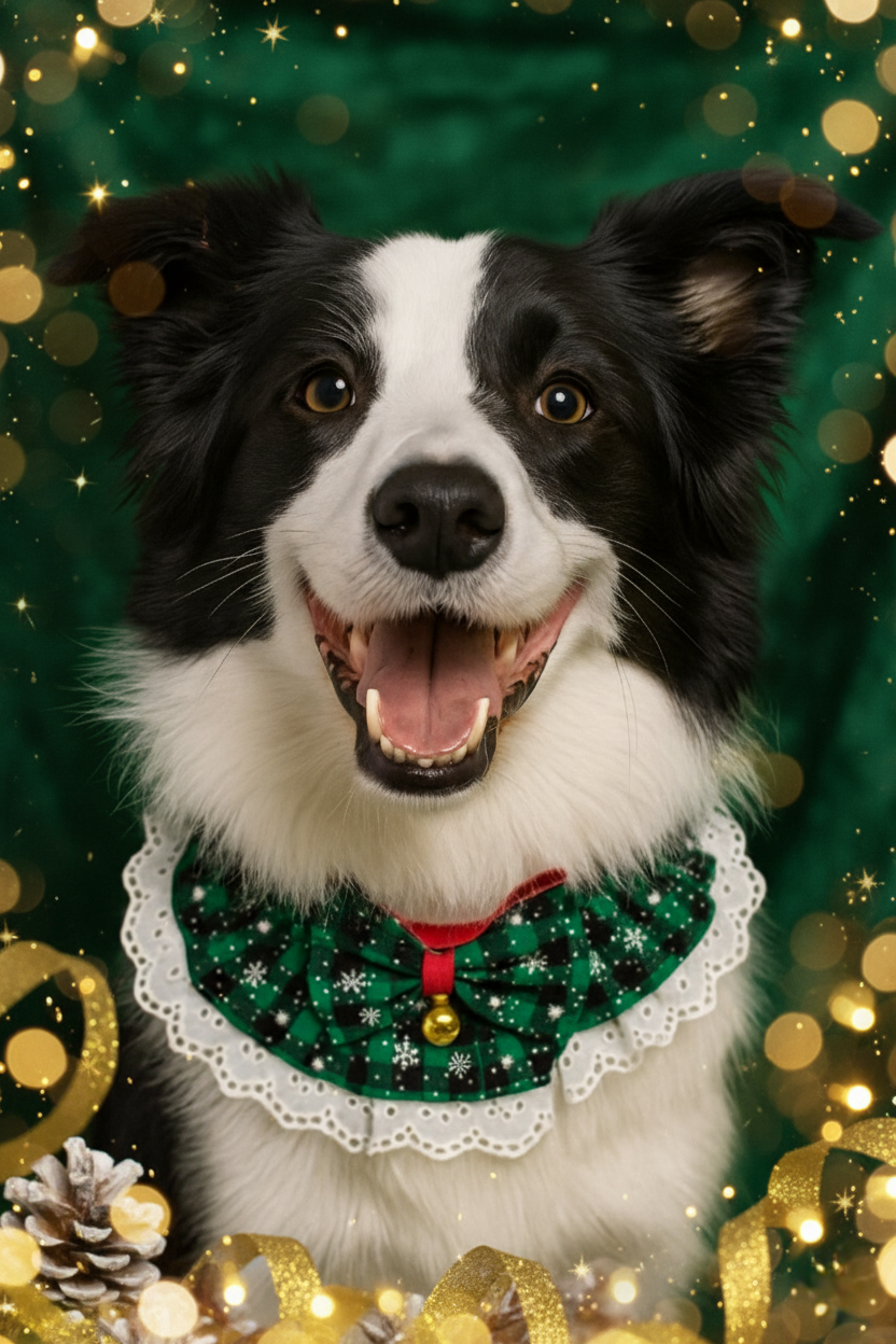 Dog wearing a festive green collar with a gold background