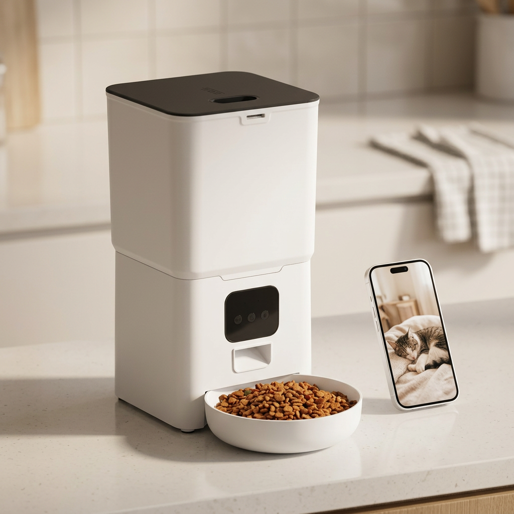 PetNex 4L automatic feeder with smartphone showing live HD camera feed — feed and monitor your pet remotely from anywhere via the app | petnex.com.au