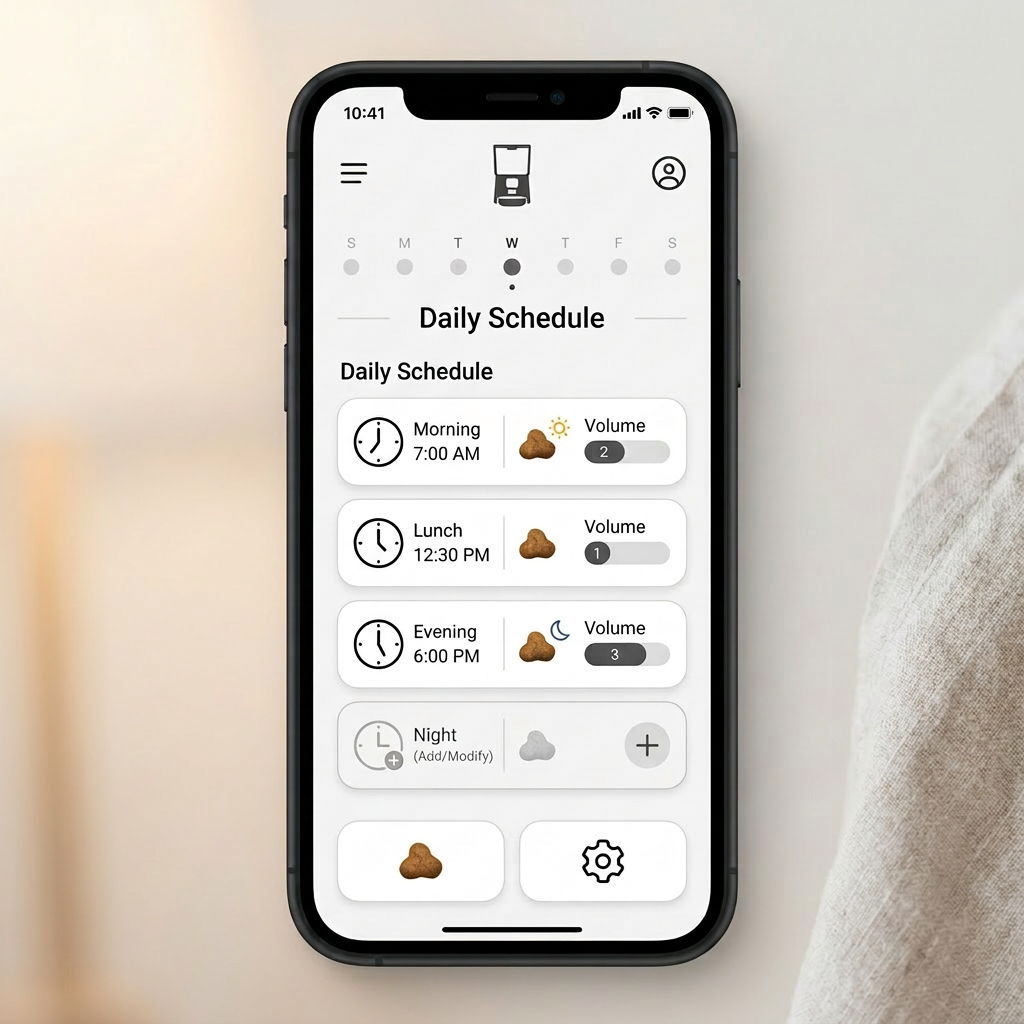 PetNex feeder app showing a daily scheduled meal plan — set up to 10 precisely timed meals per day with adjustable portions | petnex.com.au
