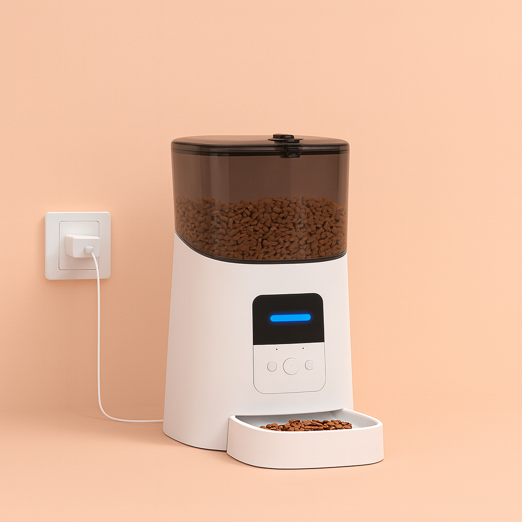 White and black pet feeder with food on a beige background