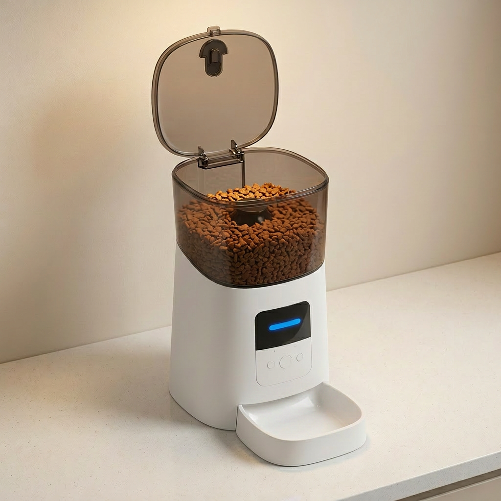 A white automatic pet feeder with a clear upper hopper filled with kibble, shown on a light countertop against a beige wall. The feeder has a digital display with a blue light and a small tray in front.