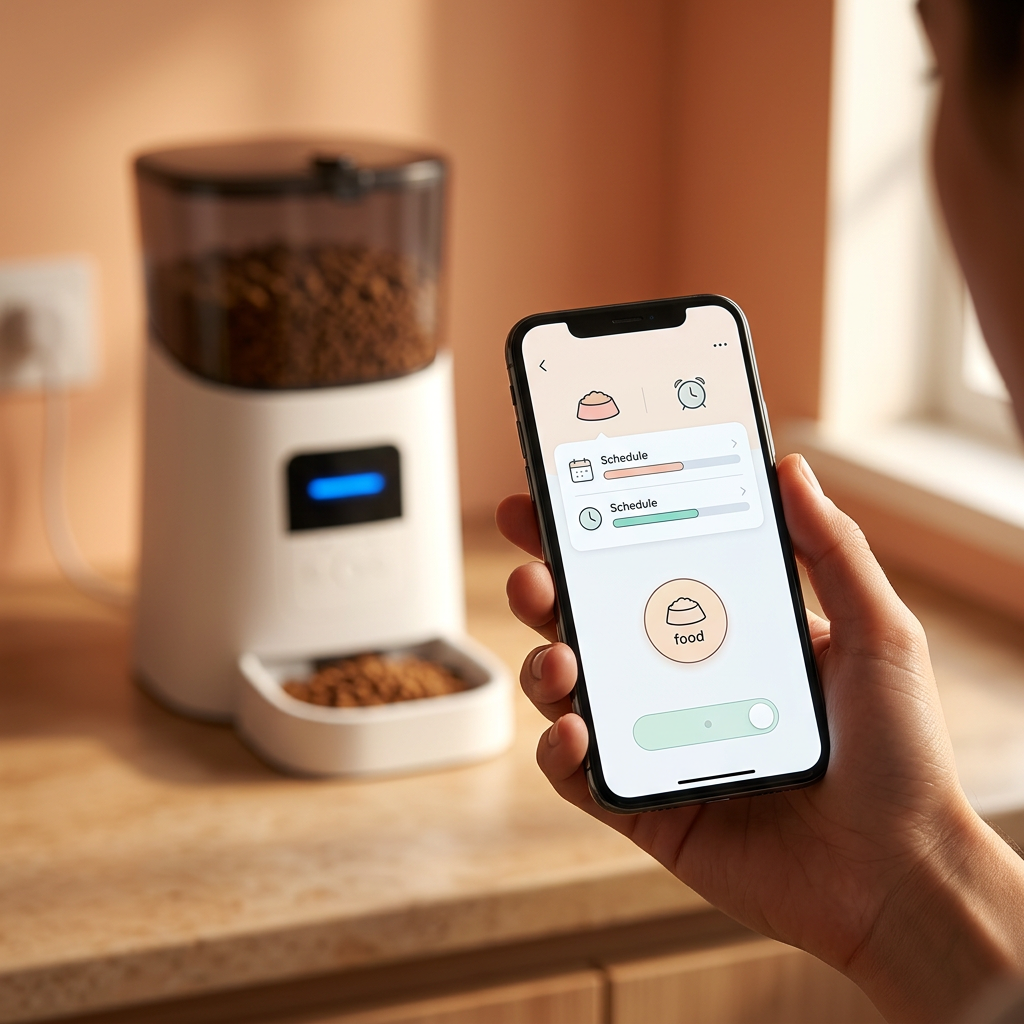 A person holds a smartphone showing a pet feeder scheduling app screen in front of a white smart pet feeder filled with kibble on a kitchen counter.