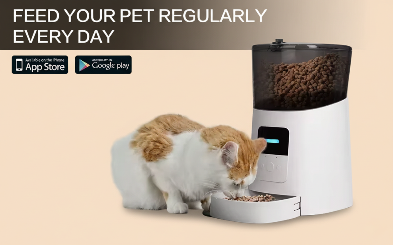 Cat eating from an automatic pet feeder with text 'Feed your pet regularly every day' on a beige background.