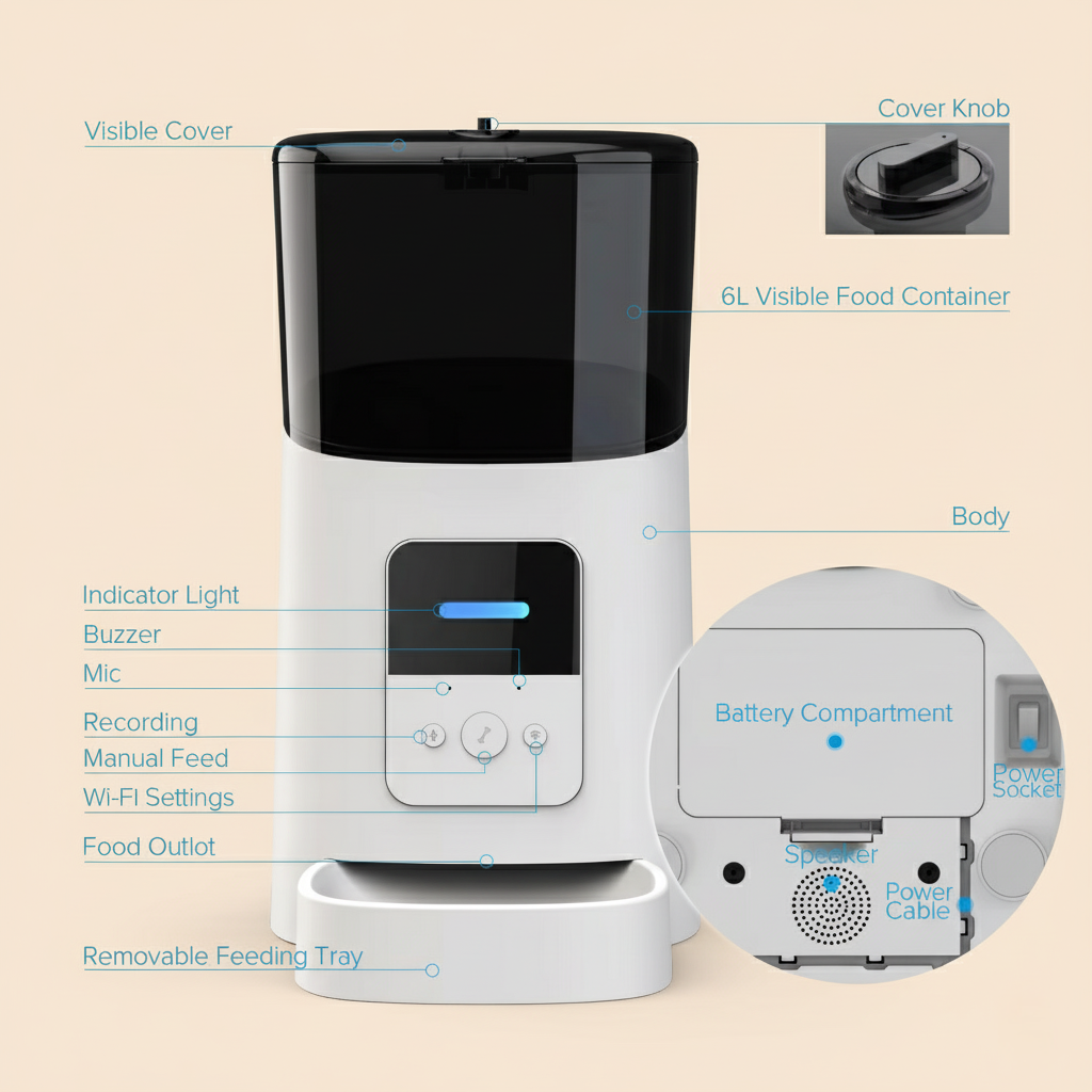 Pet feeder with labeled parts on a beige background