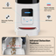 White pet feeder with labeled buttons and features on a beige background